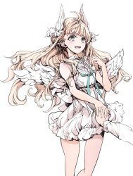 1boy 1girl bare_shoulders blue_eyes blue_hair blush breasts dress endou_okito feathered_wings head_wings highres holding_hands long_hair looking_up open_mouth original out_of_frame simple_background small_breasts smile solo_focus white_background white_dress white_wings wings