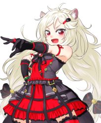 Rule 34 | 1girl, :d, ailane (show by rock!!), animal ear fluff, animal ears, bare shoulders, black bow, black gloves, black ribbon, blonde hair, blush, bow, breasts, brooch, cowboy shot, dress, elbow gloves, fang, gloves, hair bow, hair ornament, hairclip, hand on own hip, jewelry, long hair, looking at viewer, onsoku inu, open mouth, pointing, red dress, red eyes, ribbon, ring, show by rock!!, simple background, skull hair ornament, small breasts, smile, solo, twintails, very long hair, white background