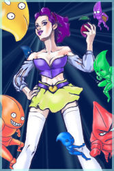 Rule 34 | 1girl, apple, breasts, cleavage, crossover, food, fruit, jojo no kimyou na bouken, parody, puff and slash sleeves, purple hair, snow white, snow white (grimm), snow white and the seven dwarfs, solo, stand (jojo)