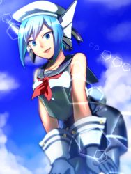 Rule 34 | 10s, 1girl, agehacat, bare shoulders, blue eyes, blue hair, boku no hero academia, day, gills, gloves, hat, highres, leaning forward, lens flare, looking at viewer, pantyhose, parted lips, sailor, sailor collar, sailor hat, shirt, short hair, shorts, sirius (boku no hero academia), sky, sleeveless, sleeveless shirt, smile, solo, wrist cuffs
