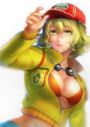 Rule 34 | 10s, 1girl, bad id, bad pixiv id, baseball cap, blonde hair, bra, breasts, cidney aurum, cleavage, curly hair, dirty, dirty face, final fantasy, final fantasy xv, goggles, goggles around neck, green eyes, hat, jacket, large breasts, lips, midriff, nail polish, nemuri miyako, nose, open clothes, open jacket, short hair, shorts, smile, solo, trucker hat, underwear, unzipped, upper body, zipper