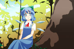 Rule 34 | 1girl, blouse, blue eyes, blue hair, cirno, collared shirt, dress, female focus, forest, hair ribbon, ice, ice wings, kuze, matching hair/eyes, nature, necktie, outdoors, pinafore dress, plant, ribbon, shirt, sky, sleeveless dress, solo, touhou, white shirt, wings