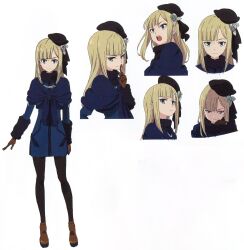 Rule 34 | 1girl, blonde hair, blue eyes, blue scarf, character sheet, fate/grand order, fate (series), hat, highres, long hair, looking at viewer, lord el-melloi ii case files, non-web source, official art, open mouth, pantyhose, reines el-melloi archisorte, scarf, smile