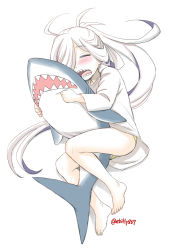 Rule 34 | 1girl, asashimo (kancolle), barefoot, blush, curled up, ebifly, closed eyes, facing viewer, green panties, kantai collection, one-hour drawing challenge, open mouth, panties, sharp teeth, shirt, simple background, sleeping, solo, stuffed animal, stuffed shark, stuffed toy, teeth, toenails, twitter username, underwear, white background, white shirt