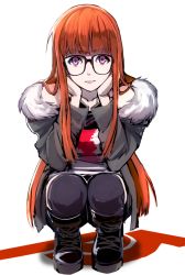 Rule 34 | 10s, 1girl, black thighhighs, boots, coat, cross-laced footwear, fur trim, glasses, head rest, kanro (3637 3637), lace-up boots, long hair, looking at viewer, orange hair, persona, persona 5, purple eyes, sakura futaba, solo, squatting, thighhighs, thighhighs under boots