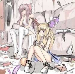 Rule 34 | 2girls, alcohol, arm support, bags under eyes, barefoot, blue skirt, bottle, bow, brown eyes, brown hair, burnt, cable, can, chain, closed mouth, controller, couch, dildo, expressionless, feet, full body, game console, game controller, hair bow, hakurei reimu, hater (hatater), head tilt, holding, horn ornament, horn ribbon, horns, ibuki suika, indoors, knees together feet apart, long hair, looking to the side, messy room, multiple girls, on couch, orange hair, pillow, playing games, ribbon, russian text, screwdriver, sex toy, shirt, shoes, short hair, sitting, sketch, skirt, sleeveless, sleeveless shirt, thighhighs, toeless legwear, toes, touhou, translated, trash, trash can, underwear, white footwear, white legwear