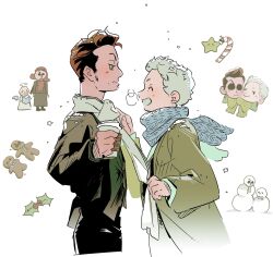 Rule 34 | 2boys, ^ ^, aziraphale (good omens), black pants, blue scarf, brown coat, brown hair, brown jacket, candy, candy cane, chibi, chibi inset, christmas, closed eyes, closed mouth, coat, coffee cup, commentary, cropped legs, crowley (good omens), cup, disposable cup, food, gingerbread man, good omens, green eyes, grey scarf, grin, hand on another&#039;s chest, hand up, highres, holding, holding cup, holly, jacket, long sleeves, looking at another, looking to the side, male focus, multiple boys, objectification, pants, robodumpling, scarf, shared clothes, shared scarf, short hair, simple background, slit pupils, smile, snowman, steam, symbol-only commentary, very short hair, white background, white hair, winter, yaoi