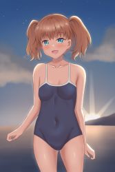 Rule 34 | 1girl, absurdres, alice cartelet, blonde hair, blue eyes, blush, female focus, highres, horizon, kin-iro mosaic, looking at viewer, one-piece swimsuit, outdoors, school swimsuit, smile, solo, standing, swimsuit, twintails