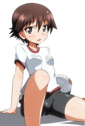 Rule 34 | 10s, 1girl, arm support, ball, bike shorts, black shorts, breasts, brown eyes, brown hair, girls und panzer, gym shirt, gym uniform, holding, holding ball, isobe noriko, looking at viewer, official style, open mouth, shirt, short hair, short shorts, short sleeves, shorts, simple background, sitting, small breasts, solo, sweat, t-shirt, volleyball (object), white background, white shirt, yumekaranigeruna