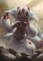Rule 34 | 1girl, animal ears, bare shoulders, blunt bangs, body fur, brown eyes, bush, chest belt, claws, coin, collarbone, dark-skinned female, dark skin, day, extra arms, faputa, feet out of frame, finger to cheek, hands up, holding, holding rock, looking at viewer, made in abyss, monster girl, multiple tails, navel, noeyebrow (mauve), outdoors, rock, short hair, signature, solo, standing, tail, white fur, white hair