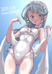 Rule 34 | 1girl, artist name, asymmetrical bangs, casual one-piece swimsuit, cowboy shot, dated, flower, frilled one-piece swimsuit, frills, grey hair, hair flower, hair ornament, hairband, highleg, highleg swimsuit, highres, kantai collection, long hair, official alternate costume, one-piece swimsuit, puddinghomhom, purple eyes, sagiri (kancolle), shawl, side-tie swimsuit, smile, solo, swept bangs, swimsuit, white one-piece swimsuit, white shawl