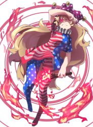 Rule 34 | 1girl, american flag dress, american flag legwear, blonde hair, clownpiece, dress, fire, full body, hat, highres, jester cap, long hair, looking at viewer, neck ruff, pantyhose, pink eyes, polka dot, reiga (act000), short dress, short sleeves, simple background, sketch, solo, star (symbol), star print, striped, torch, touhou, very long hair, white background