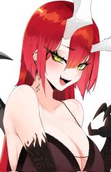 1girl black_eyeshadow breasts claws cleavage corrupted_twitter_file dragon_girl dragon_horns dragon_wings ear_piercing earrings eyelashes eyeshadow green_eyes highres horns jewelry long_hair makeup musical_note_tattoo neck_tattoo open_mouth original piercing red_hair rumi_(rumigawa31) solo tattoo upper_body wings