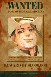 Rule 34 | 1boy, alternate universe, blood, brown background, brown eyes, brown hair, brown shirt, character name, chengongzi123, closed mouth, collared shirt, commentary, cowboy, cowboy hat, cowboy western, english commentary, english text, facial hair, facial scar, goatee, golden kamuy, gun, handgun, hat, highres, looking at viewer, male focus, ogata hyakunosuke, portrait, revolver, scar, scar on cheek, scar on face, shirt, short hair, smirk, solo, very short hair, wanted, weapon, western