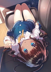 Rule 34 | 1girl, ahoge, blue dress, blue eyes, blue hair, blurry, blurry background, blush, brown hair, commentary request, couch, depth of field, dress, gradient hair, gurasion (gurasion), highres, hinatsuru ai, indoors, knees up, layered sleeves, long hair, long sleeves, looking at viewer, low twintails, lying, multicolored hair, neck ribbon, on back, on couch, parted lips, ribbon, ryuuou no oshigoto!, school uniform, short over long sleeves, short sleeves, solo, twintails, very long hair, wooden floor, yellow ribbon