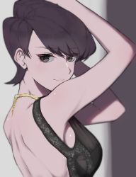 Rule 34 | armpits, arms up, backless dress, backless outfit, black dress, black eyes, black hair, blurry, blurry background, blush, breasts, dress, eyelashes, glitter, highres, jewelry, komi-san wa komyushou desu, komi shuuko, looking at viewer, medium breasts, mature female, aged up, portrait, short hair, simple background, smile, solo, takita (takita3411), taut clothes, taut dress