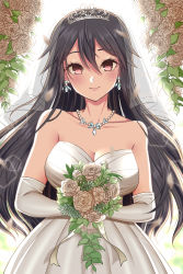Rule 34 | 1girl, blush, breasts, bridal veil, cleavage, closed mouth, commentary request, cowboy shot, dress, earrings, elbow gloves, flower, gloves, grey hair, hair between eyes, haruna (kancolle), highres, holding, jewelry, kantai collection, large breasts, leaf, long hair, looking at viewer, necklace, partial commentary, plant, red eyes, smile, solo, tiara, veil, wedding dress, white dress, white flower, white gloves, yomogi dango