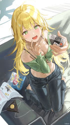 Rule 34 | 1girl, :d, ahoge, barefoot, blonde hair, blouse, breasts, chips (food), cleavage, couch, crop top, denim, food, food on face, green shirt, haruri, highres, holding, holding food, hoshii miki, idolmaster, idolmaster (classic), jeans, kneeling, long hair, looking at viewer, messy hair, navel, off-shoulder shirt, off shoulder, onigiri, open mouth, pants, potato chips, reaching, reaching towards viewer, rice, rice on face, shirt, smile, solo, sunlight, very long hair