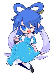 Rule 34 | 1girl, black footwear, blue dress, blue eyes, blue hair, bobby socks, breasts, collared vest, dress, frills, hagoromo, hair ornament, hair rings, hair stick, highres, kaku seiga, light blue hair, looking at viewer, mary janes, medium breasts, medium hair, one eye closed, op na yarou, open clothes, open mouth, open vest, puffy short sleeves, puffy sleeves, shawl, shoes, short sleeves, simple background, sitting, socks, solo, star (symbol), star print, touhou, vest, white background, white socks