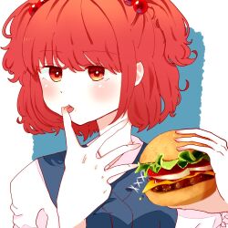 Rule 34 | 1girl, blue background, blush, burger, commentary, eik s2, food, hair bobbles, hair ornament, highres, holding, holding burger, holding food, looking at viewer, onozuka komachi, red eyes, red hair, solo, symbol-only commentary, tongue, tongue out, touhou, two side up, upper body