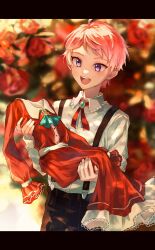 Rule 34 | 1boy, absurdres, aged down, black pants, blurry, blurry background, buttons, child, collared shirt, commentary request, cowboy shot, dress, ensemble stars!, highres, holding, holding clothes, itsuki shu, long sleeves, open mouth, pants, pink hair, purple eyes, shirt, short hair, solo, suspenders, teeth, upper teeth only, wednesday 108, white shirt