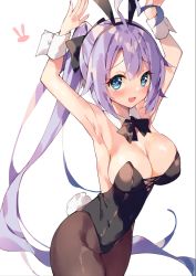Rule 34 | 1girl, ahoge, animal ears, armpits, arms up, azur lane, black bow, black bowtie, blue eyes, bow, bowtie, breasts, cleavage, commentary request, detached collar, fake animal ears, heart, heart-shaped pupils, heart ahoge, highres, large breasts, leotard, long hair, looking at viewer, open mouth, pantyhose, playboy bunny, portland (azur lane), purple hair, rabbit ears, smile, solo, symbol-shaped pupils, thighs, unacchi (nyusankin)