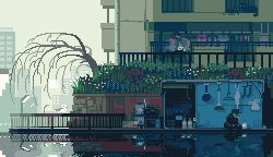 Rule 34 | 1boy, 1girl, animated, animated gif, bird, black cat, building, cat, cityscape, day, fish tank, jellyfish, kitten, laundry, lowres, old, old man, original, outdoors, pixel art, railing, reflection, skyscraper, sunlight, television, toyoi yuuta, tree, water