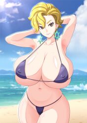 Rule 34 | 1girl, armpits, arms behind head, beach, bikini, blonde hair, breasts, briar (pokemon), creatures (company), game freak, highres, huge breasts, mature female, nintendo, pokemon, pokemon sv, s.forest, seductive gaze, seductive smile, short hair, smile, solo, swimsuit, thick thighs, thighs
