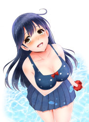 Rule 34 | 10s, 1girl, black hair, blue skirt, breast hold, breasts, cleavage, from above, highres, kantai collection, kiko (okuwae), lips, long hair, looking at viewer, looking up, ocean, open mouth, polka dot, polka dot swimsuit, skirt, solo, swimsuit, ushio (kancolle), water, weavehabit