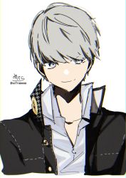 Rule 34 | 1boy, black jacket, closed mouth, collared shirt, cropped torso, dress shirt, grey eyes, grey hair, highres, jacket, male focus, narukami yuu, open clothes, open jacket, persona, persona 4, school uniform, shirt, signature, simple background, smile, sofra, solo, twitter username, upper body, white background, white shirt
