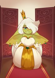 Rule 34 | belly, breasts, colored skin, dress, earrings, female goblin, goblin, green eyes, green skin, heart, heart-shaped pupils, highres, huffslove, jewelry, large breasts, long hair, one eye covered, original, pointy ears, regina (huffslove), shortstack, symbol-shaped pupils, very long hair, white dress