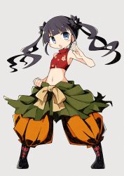 Rule 34 | 1girl, asameshi, baggy pants, black footwear, black hair, blush, blush stickers, clenched hand, commentary, cropped shirt, etrian odyssey, fighting stance, floral print, full body, grey background, hand up, highres, long hair, looking at viewer, midriff, monk (sekaiju), open mouth, orange pants, pants, print shirt, red shirt, shirt, simple background, sleeveless, sleeveless shirt, solo, twintails