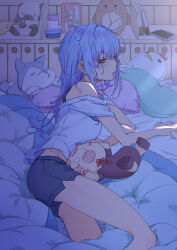 Rule 34 | 1girl, alarm clock, alternate costume, arm support, bare shoulders, bedroom, black shorts, blue hair, book, cellphone, character doll, clock, commentary, crack of light, dark room, drooling, feet out of frame, half-closed eyes, highres, indoors, kotonoha akane, kotonoha aoi, long hair, lying, messy hair, midriff, off shoulder, on bed, on side, open mouth, phone, photo (object), picture frame, pillow, pink eyes, quilt, shiratama (siratama5656), shirt, short shorts, short sleeves, shorts, sleepy, smartphone, solo, spaghetti strap, stuffed animal, stuffed toy, sunlight, voiceroid, waking up, white shirt