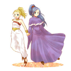 Rule 34 | 2girls, aged down, aqua eyes, baggy pants, bare shoulders, blonde hair, bloom, blue eyes, blue hair, breasts, choker, chrono trigger, cleavage, dress, earrings, evergreen (kate), fantasy, green eyes, hair strand, hand on own hip, hoop earrings, jewelry, large breasts, light blue hair, lips, long hair, marle (chrono trigger), multiple girls, necklace, open mouth, pants, ponytail, purple dress, realistic, sash, schala zeal, smile