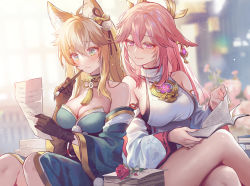 Rule 34 | 2girls, animal ears, bare shoulders, black gloves, blonde hair, blue kimono, breasts, cleavage, detached sleeves, earrings, floppy ears, fox ears, genshin impact, gloves, gold trim, hina (genshin impact), holding, japanese clothes, jewelry, kimono, large breasts, crossed legs, lino chang, long sleeves, multicolored hair, multiple girls, paper, pink eyes, pink hair, short kimono, sitting, smile, thighs, two-tone hair, white kimono, yae miko
