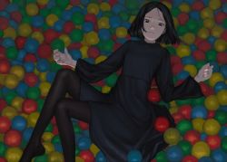 Rule 34 | 1girl, ball pit, black dress, black hair, blue eyes, blunt ends, brown pantyhose, character request, collared dress, commentary request, copyright request, dark, dress, eyelashes, highres, knees up, kondate (inugrm), long sleeves, looking at viewer, lying, makeup, mascara, nose, on back, pantyhose, parted bangs, parted lips, short hair, solo