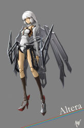 152_in_can 1girl absurdres altera_(fate) android bare_shoulders breasts character_doll character_name chitocerium collar crossover detached_collar detached_sleeves doll doll_joints english_text expressionless fate/grand_order fate_(series) full_body grey_background high_heels highres joints leotard low_wings mechanical_wings robot robot_girl short_hair small_breasts solo veil white_collar white_hair white_leotard white_sleeves white_veil wings yellow_eyes