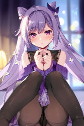 Rule 34 | 1girl, alternate costume, ass, black panties, black pantyhose, blurry, blurry background, breasts, commentary request, curtains, fingers together, hair ornament, indoors, lamp, looking at viewer, miyase mahiro, open mouth, original, panties, panties under pantyhose, pantyhose, purple eyes, purple hair, purple sweater, sitting, solo, sweater, thighs, underwear, window