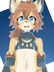 Rule 34 | 1boy, :3, animal ear fluff, animal ears, animal nose, bare shoulders, blue background, blue eyes, blue shirt, blue sleeves, body fur, brown hair, crop top, crossed bangs, detached sleeves, furry, furry male, hair between eyes, jpeg artifacts, kabu mike, lion boy, lion ears, lion tail, looking at viewer, male focus, medium hair, navel, open mouth, outline, ponytail, shirt, sidelocks, simple background, sleeveless, sleeveless shirt, solo, standing, stomach, straight-on, tail, theo (world flipper), two-tone background, two-tone fur, upper body, white fur, white outline, world flipper, yellow fur