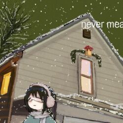 Rule 34 | 1girl, album cover redraw, american football (band), bare tree, bell, black hair, blush, closed eyes, commentary, derivative work, earmuffs, english commentary, glasses, highres, house, low ponytail, mi zukii3, night, outdoors, parody, scarf, smile, snow on head, snowing, solo, tree, window