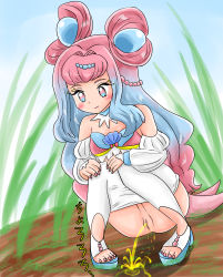 Rule 34 | 1girl, beads, blue footwear, blue hair, blue shirt, blush, breasts, censored, clothes pull, cloud, cure la mer, double bun, grass, hair beads, hair bobbles, hair bun, hair ornament, hands on own knees, highres, laura (precure), long hair, looking down, medium breasts, midriff, multicolored hair, pants, pants pull, peeing, pink eyes, pink hair, precure, puddle, pussy, sandals, seashell, shell, shirt, sky, smile, squatting, strapless, toeless footwear, tropical-rouge! precure, tube top, two-tone hair, umi (pixiv 998325), white pants