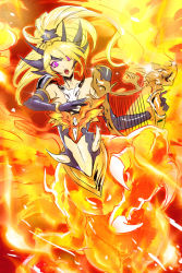 Rule 34 | 1girl, armlet, bare shoulders, blonde hair, bracelet, centauroid, claws, clothing cutout, commentary request, dragon girl, dragon horns, dragon wings, duel monster, elbow gloves, eyes visible through hair, glint, gloves, harp, headpiece, high ponytail, holding, holding instrument, horns, ikd, instrument, jewelry, long hair, looking at viewer, navel, navel cutout, open mouth, pink eyes, queen dragun djinn, red background, solo, swept bangs, taur, wings, yu-gi-oh!