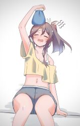 Rule 34 | 1girl, 702 (naotsu), absurdres, alternate hairstyle, blue shorts, closed eyes, commentary request, feet out of frame, flat chest, grey hair, highres, kantai collection, midriff, navel, shirt, shorts, side ponytail, solo, yellow shirt, zuihou (kancolle)