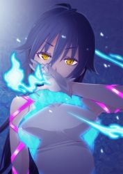 Rule 34 | 1girl, bad id, bad twitter id, bare shoulders, blue fire, blue hair, dress, fire, gloves, glowing, hanyuuda mito, kazuo daisuke, long hair, looking at viewer, ribbon, sleeveless, solo, tokyo 7th sisters, tsurime, upper body, white dress, white gloves, yellow eyes