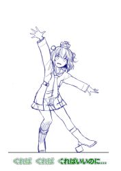 Rule 34 | 1girl, commentary request, dancing, dress, full body, kantai collection, lineart, looking at viewer, neckerchief, open mouth, outstretched arms, round teeth, rudder footwear, sailor collar, sailor dress, short hair, solo, speaking tube headset, teeth, unfinished, upper teeth only, watanore, yukikaze (kancolle), yukikaze kai ni (kancolle)