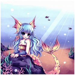 Rule 34 | 1girl, bare shoulders, blue eyes, blue hair, bracelet, breasts, bubble, caustics, cleavage, coral, fins, fish, fish tail, head fins, highres, jewelry, long hair, matching hair/eyes, md5 mismatch, mermaid, midna01, monster girl, nanami (ookami), ookami (game), ookamiden, open mouth, resized, resolution mismatch, sand, small breasts, smile, solo, source smaller, stone, tail, underwater, upscaled, very long hair