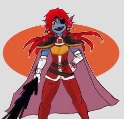 Rule 34 | 1girl, cape, cosplay, crossover, elbow gloves, eyepatch, fang, female focus, gloves, highres, lina inverse, lina inverse (cosplay), long hair, looking at viewer, magic, parody, red hair, simple background, slayers, solo, standing, sword, undertale, undyne, upper body, weapon, white gloves, wizard, zanamaoria
