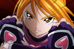 Rule 34 | 1girl, black gloves, blonde hair, brown eyes, clenched hands, closed mouth, cure black, earrings, elbow gloves, fingerless gloves, frilled gloves, frills, fuchi (nightmare), futari wa precure, gloves, hair between eyes, jewelry, portrait, precure, short hair, solo, swept bangs, v-shaped eyebrows
