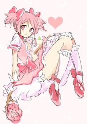 Rule 34 | 1girl, :&gt;, ankle ribbon, arm at side, blush, bow (weapon), breasts, closed mouth, flower, frilled skirt, frilled socks, frills, full body, gloves, hair between eyes, hair ribbon, hand on own knee, happy, heart, heart background, holding, holding bow (weapon), holding weapon, kaname madoka, knees together feet apart, knees up, leg ribbon, mahou shoujo madoka magica, mahou shoujo madoka magica (anime), no nose, pink background, pink eyes, pink flower, pink hair, pink rose, pipi o (pipioo08), puffy short sleeves, puffy sleeves, red footwear, red ribbon, ribbon, rose, short sleeves, short twintails, sidelocks, simple background, skirt, small breasts, smile, socks, solo, thighs, twintails, weapon, white gloves, white skirt, white socks