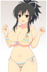 Rule 34 | 1girl, absurdres, arms up, asuka (senran kagura), bikini, blush, breasts, brown eyes, brown hair, cleavage, collarbone, cowboy shot, fingernails, front-tie bikini top, front-tie top, gradient background, grey background, groin, hair ribbon, highres, ichiryuu tsumiki, large breasts, looking at viewer, micro bikini, multicolored bikini, multicolored clothes, multicolored stripes, navel, open mouth, ponytail, rainbow bikini, ribbon, senran kagura, senran kagura shoujo-tachi no shin&#039;ei, shiny skin, short hair, short ponytail, side-tie bikini bottom, skindentation, smile, solo, standing, striped bikini, striped clothes, swimsuit, teeth, tongue, underboob, upper teeth only, white background, white ribbon, wide hips